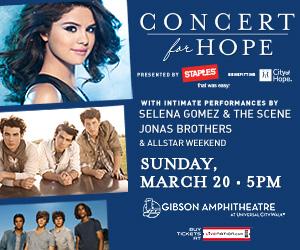 Win 2 Free Tickets to see Selena Gomez, Jonas Brothers, AllStar Weekend in Southern California on March 20, 2011 to benefit City of Hope