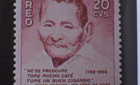 Javier Pereira lived 169 years with lots of coffee, cigars and without worries / Stamp from Colombia