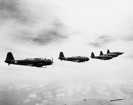 SB2U Vindicators of Scouting Squadron (VS) 41 pictured in flight over the Atlantic on September 7, 1942