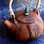 Laughing Buddha Belly Teapot of Mica Clay with Turquoise Cairn Stupa