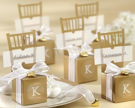Wedding Favor Savings Made Easy Miniature Gold Chair Favor Box with Heart Charm and Ribbon (Can be Monogrammed) wedding favors