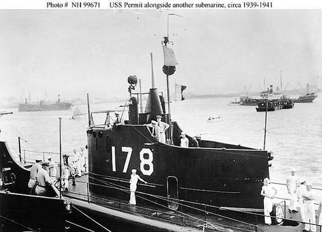USS Permit (SS-178) alongside another submarine, circa 1939-1941. Probably seen from USS Canopus (AS-9) in Manila Bay, Philippines.