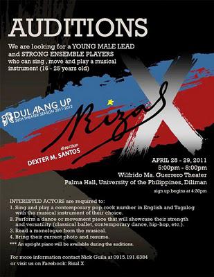 Auditions for Dulaang UP's Rizal X, to be directed by Dexter Santos