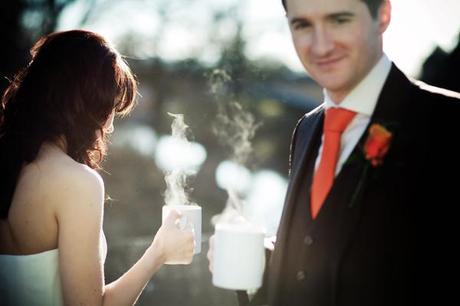 Steaming mugs of tea for the bride and groom
