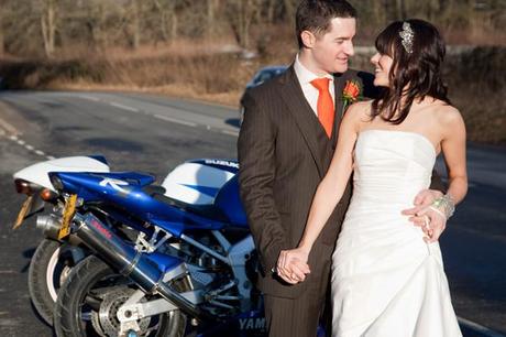 The bride and groom with more motorbikes