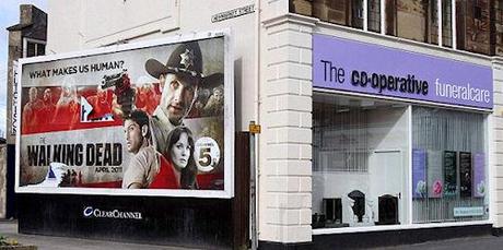 Billboard For 'The Walking Dead' Posted On Side Of A Funeral Parlour