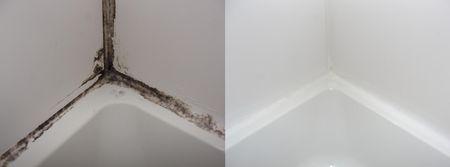 Moldy caulk before and after closeup Moldy caulk before and after closeup