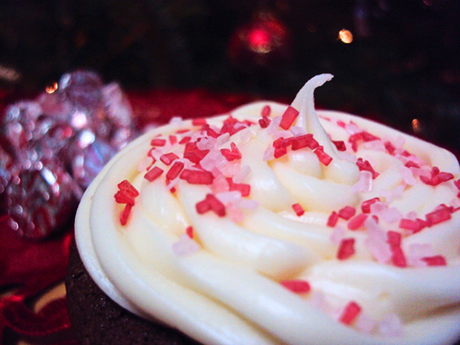 Chocolate candy cane cupcake with white chocolate frosting