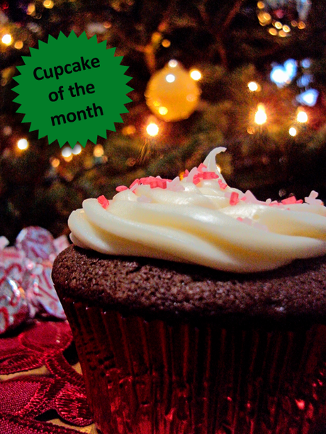 Chocolate candy cane cupcake with white chocolate frosting