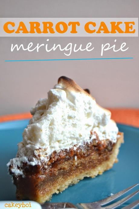 molten carrot cake in a pie shell topped with fluffy marshmallow meringue