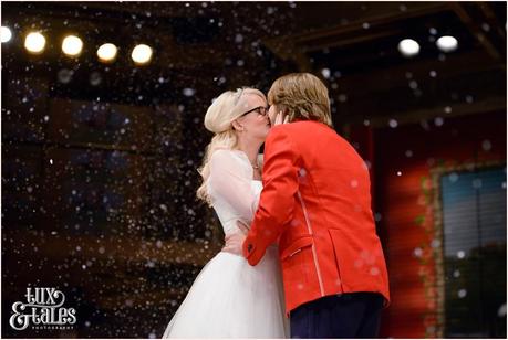 RSC Swan Theatre Wedding Photographer Royal Shakespeare Company first kiss in snow