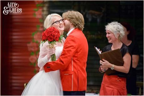 RSC Swan Theatre Wedding Photographer Royal Shakespeare Company kiss red roses