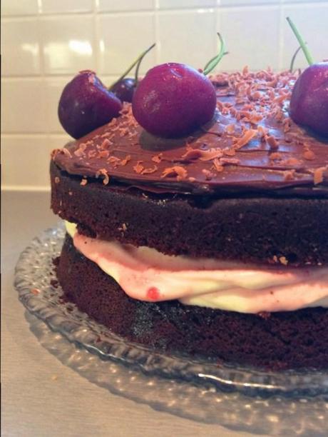 Traditional Black Forest Cake black forest cake oozing middle with cream and fresh cherries recipe #greatbloggersbakeoff2014 european