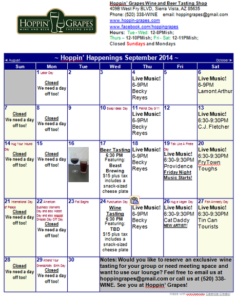 September 2014 Calendar - Hoppin' Grapes Wine and Beer Tasting Shop and Retail Store