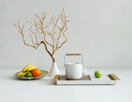 Streamlined Designs by Ladies & Gentlemen Studio Serving tray with walnut, aluminum, brass, and marble composition