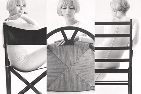 A model shown with Mogens Koch, Hans J. Wegner, and Ole Wanscher chairs Vintage Danish design posters featuring modern chairs