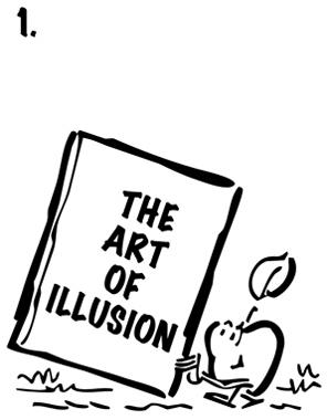 Apple walking along, learning magic tricks by reading book called The Art Of Illusion