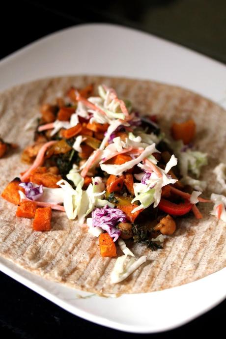 Sweet Potato, Pepper, Kale, and Chickpea Tacos