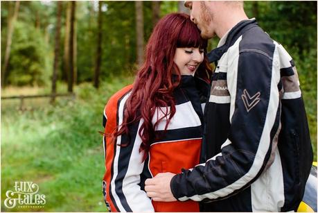 Motorbike Motorcycle Engagement Photography in Yorkshire Countryside | Tux & Tales Photography | Couple wearing biker jackets