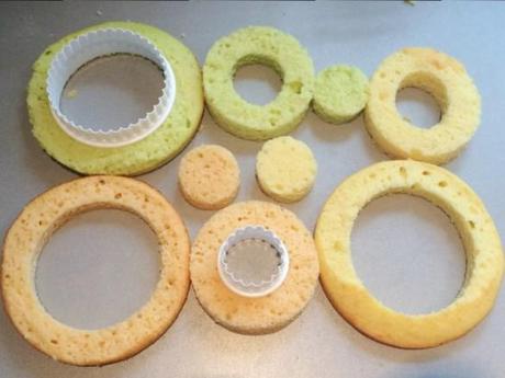 Sprinkles & Checkerboard Birthday Cake making checkerboard cake with round biscuit cutters orange yellow and green