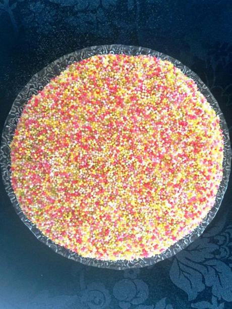 Sprinkles & Checkerboard Birthday Cake sugar sprinkle covered cake hundreds and thousands looks like a liquorice allsort