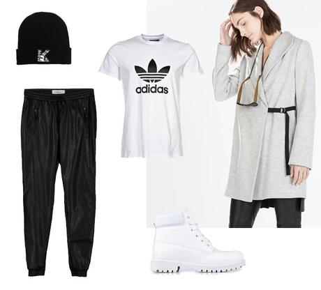 Turn it inside out outfit inspiration outfit of the day collage minimal sportive zalando adidas original t-shirt timberland look a like knock off budget white boots nelly leather look track pants vero moda cuff zara light gray wool winter coat karl lagerfeld beanie hat fashion blogger turn it inside out belgium belgie inspiratie mode fall winter 2014 how to wear