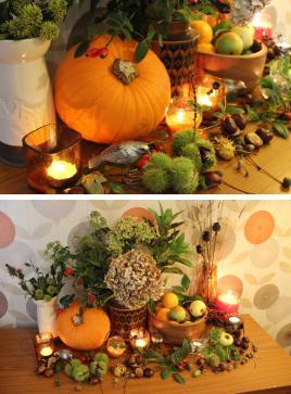 harvest floral arrangment table display orange pumpkin retro living room Autumn in the air
