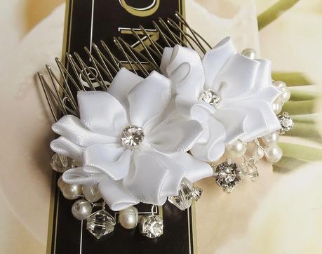 <White Floral Rhinestone and Pearl Wedding Hair Comb by FancieStrands alt=