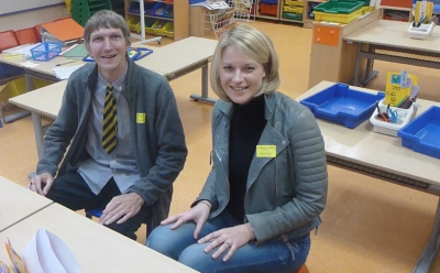 30 Year Reunion: School Tour of Kilmaine Primary School, Bangor, Northern Ireland Sarah Bell and I.