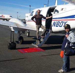 Initial Flights with Airborne Hydrography AB Chiroptera II system Petter Kullenberg from AHAB and Jonathan Wickens from LEG receive the red carpet treatment in Halifax.