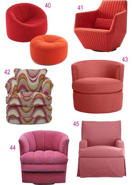 Get the Look: Upholstered Swivel Chairs In Every Color Modern Pink Red Upholstered Swivel Chairs