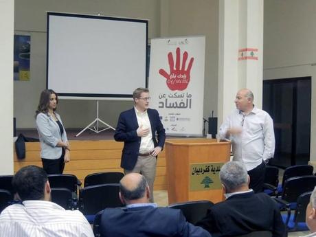 Getting Creative about Saying “No!” to Corruption in Lebanon LALAC Legal Advisor Carol Sabty, LTA Grassroots Manager Said Issa, and the author (center) discuss LALAC’s capabilities in the fight against corruption during an outreach session with citizens in Kfardebian, Lebanon.