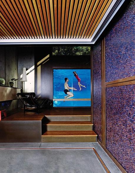 Vintage, Concrete, and Color in a Palo Alto Home with See-Through Pool Wall Palo Alto home with acrylic pool window