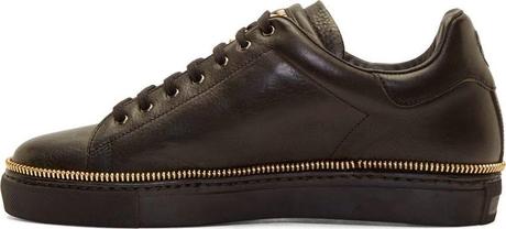 Bound And Zipped:  Alexander McQueen Black Leather Gold Zipper Trim Low-Top Sneaker