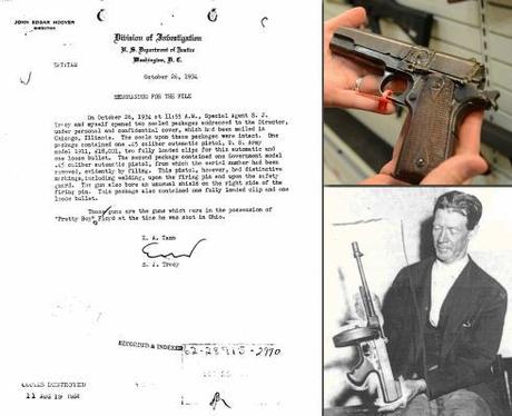 “Pretty Boy” Floyd’s Death in Public Enemies An internal FBI memo regarding Floyd's twin Colt 1911s, and one of the 1911s themselves on display (upper right). A contemporary photo shows Deputy Irwin holding Floyd's discarded Thompson.
