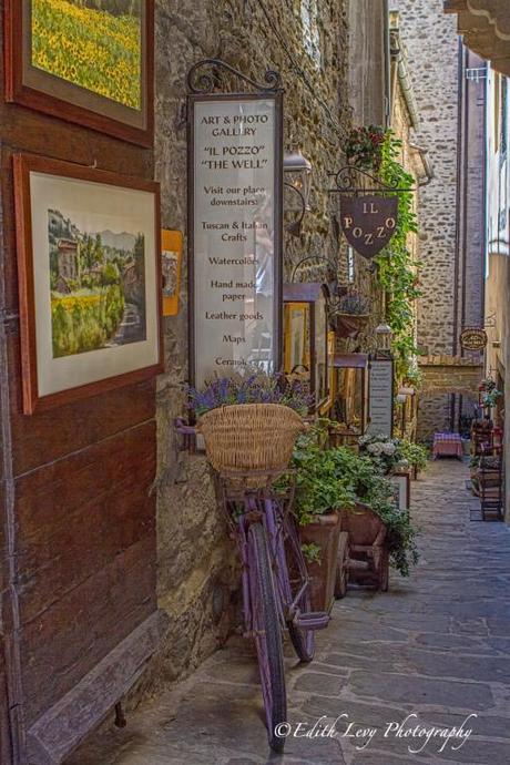 Cortona, Tuscany, Italy, bicycle, gallery, brick wall, street, village, travel photography