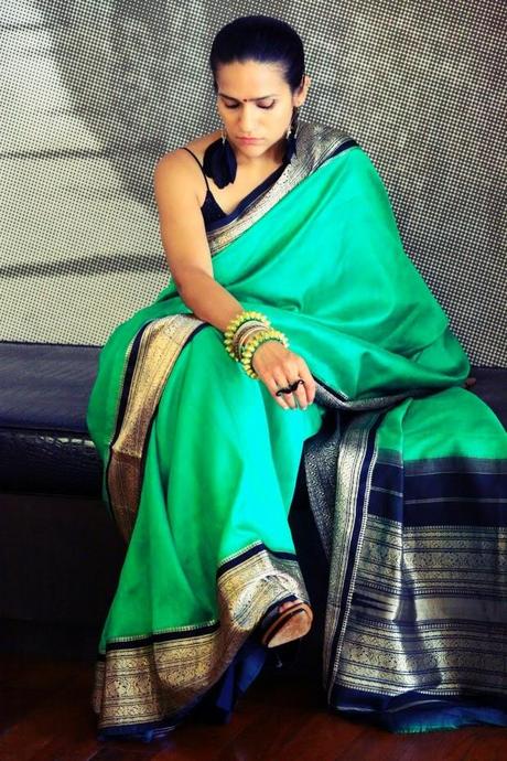 Saree - Stolen from Mom ;) Top - Massimo Dutti  Shoes - Moschino  Earrings - Gift Gold Block Bangles - c/o Aryom, Tanvii.com