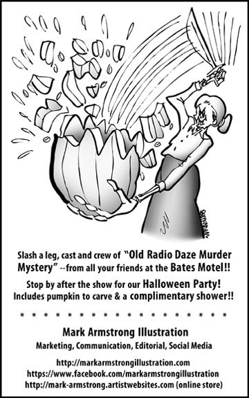 ad for community theater program parody of Hitchcock Psycho movie with Norman Bates mother slashing stabbing pumpkin for Halloween jack o'lantern