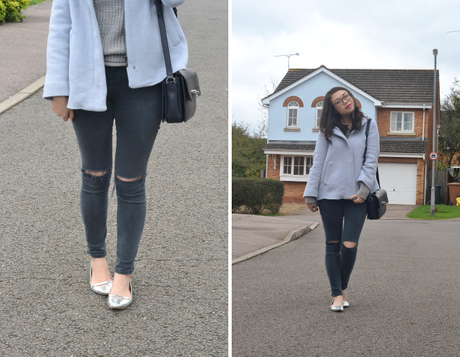 Daisybutter - UK Lifestyle and Fashion Blog: what i wore, baby blue hooded zara coat, topshop jamie ripped knee jeans
