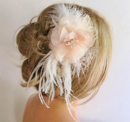 <Blush Wedding Hair Piece, Floral Bridal Hair Piece, Blush Fascinator, Wedding Hair Accessory, Blush Wedding Hair Flower Clip with Feathers by FancieStrands on Etsy alt=