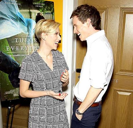 Former costars Scarlett Johansson and Eddie Redmayne laughed together at a screening of The Theory of Everything, hosted by the actress in NYC on Nov. 3.