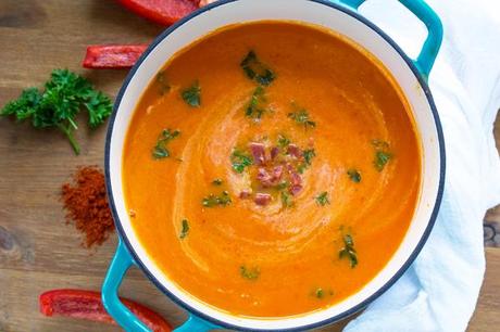 CREAMY RED PEPPER SOUP WITH SMOKED PAPRIKA YOGURT AND CRUMBLED CHORIZO Creamy Red Pepper Soup with Smoked Paprika Yogurt and Crumbled Chorizo