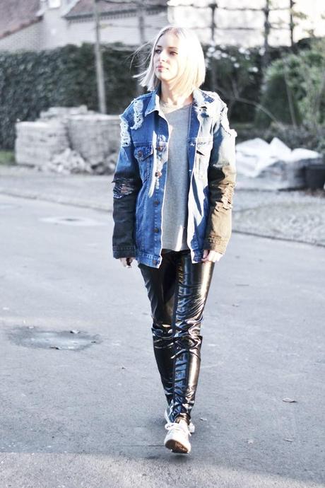 source: imgur.com Outfit post by belgian fashion blogger turn it inside out from belgium belgie. Mode trends fall winter autumn herst winter 2014 2015 AW14 inspiration streets style fashion trends. How to wear, destroyed denim jacket from asos, patent pants from river island, converse all star chuck taylor sneakers, zara sweater in gray 2014 new collection