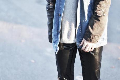 source: imgur.com Outfit post by belgian fashion blogger turn it inside out from belgium belgie. Mode trends fall winter autumn herst winter 2014 2015 AW14 inspiration streets style fashion trends. How to wear, destroyed denim jacket from asos, patent pants from river island, converse all star chuck taylor sneakers, zara sweater in gray 2014 new collection