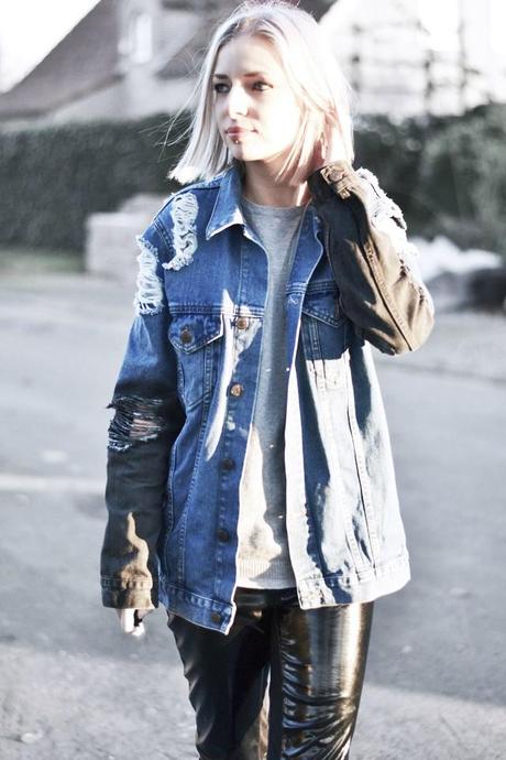 source: imgur.com Outfit post by belgian fashion blogger turn it inside out from belgium belgie. Mode trends fall winter autumn herst winter 2014 2015 AW14 inspiration streets style fashion trends. How to wear, destroyed denim jacket from asos, patent pants from river island, converse all star chuck taylor sneakers, zara sweater in gray 2014 new collection