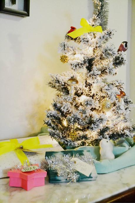 small christmas tree, neon, woodland, christmas decorations, gift wrap, silver, birds