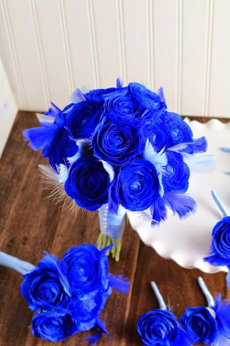 Royal blue wedding bouquet in paper for a bride
