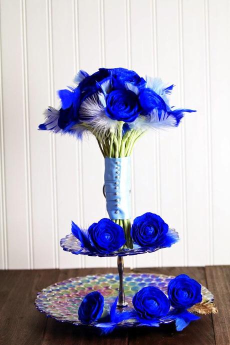 Royal blue wedding bouquet in paper for a bride