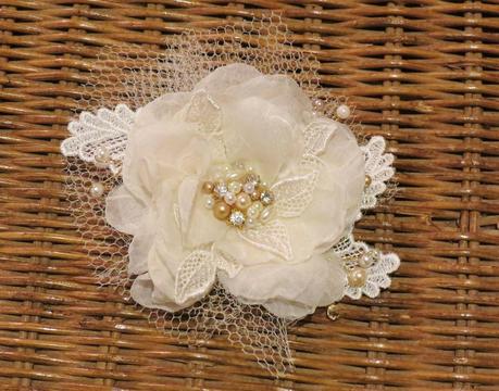 <Champagne Wedding Hair Flower Handmade by FancieStrands alt=