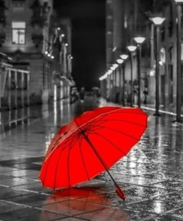 red umbrella, rainy street